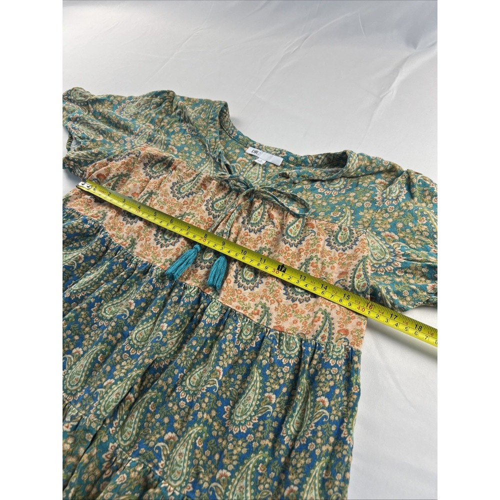 DR2 Women's Medium Short Sleeve Paisley Floral Teal Orange Flowy Boho Blouse Top - Picture 4 of 7